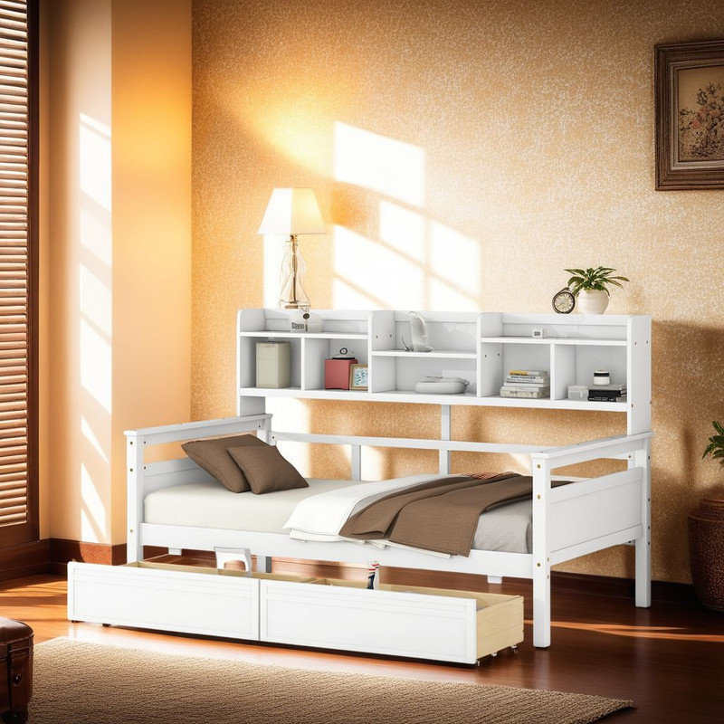 Elegant Daybed with Storage – 2 Drawers & Shelf, Multi-Functional Sofa Bed? Twin Size L-shaped Bookcases, White