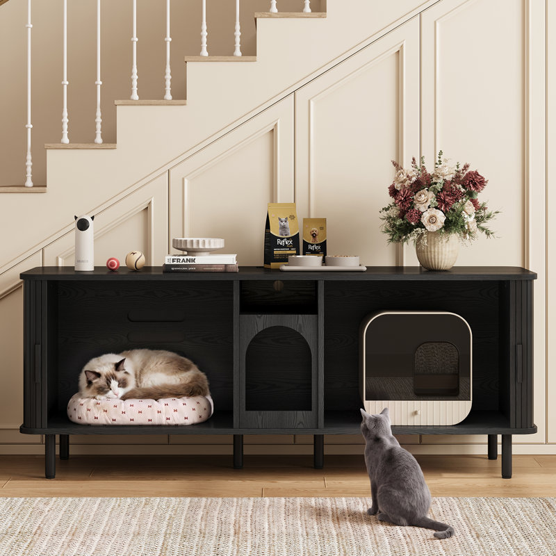 Enceinte de litière pour chat l 65 po avec prises et chambres doubles, Black