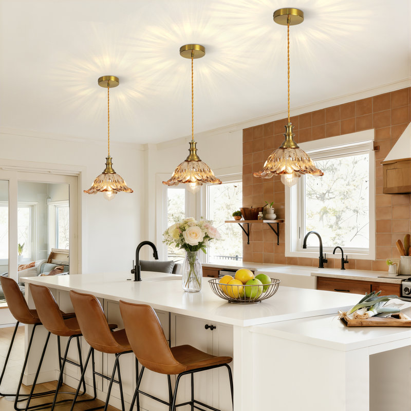 1-Light Modern Flower Glass Pendant Lights Kitchen Island For Bedroom Hotel Farmhouse Entryway Dining Room, Amber