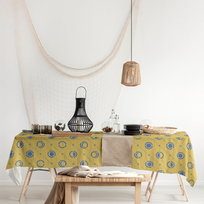 Classic Moon Phases Tablecloth, Yellow/Sky Blue
