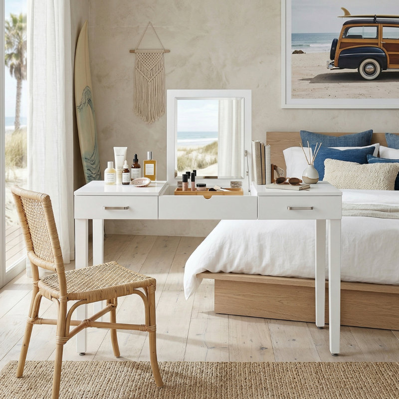 Bureau d'écriture avec prises encastrées Kiralyn, Blanc frais