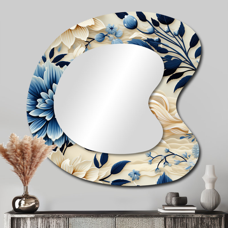 Harmonie de fleurs bleues et blanches - miroir mural de forme unique floral, 33 po x 33 po