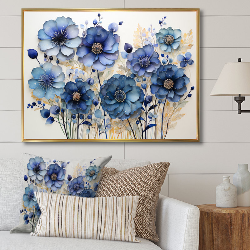 Blue Charm Blueflowers Pointillism I - Art mural encadré bleuets, H 34 po x l 44 po x P 1,5 po, Cadre flottant doré