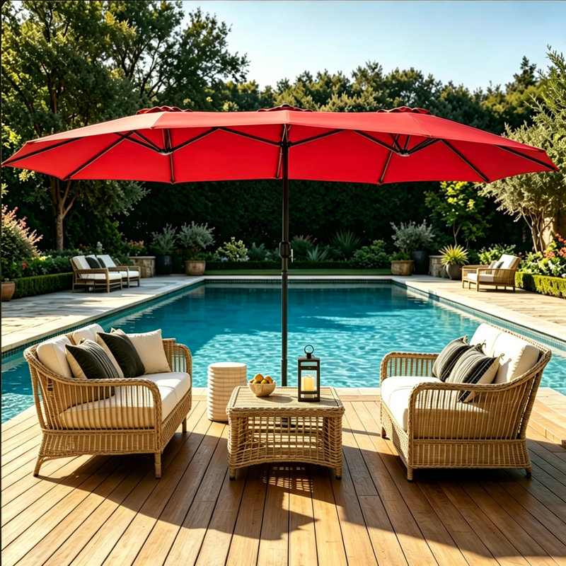 Parasol de marché rectangulaire à double face 15 pi x 9 pi avec manivelle - Parasol en acier robuste, Rouge