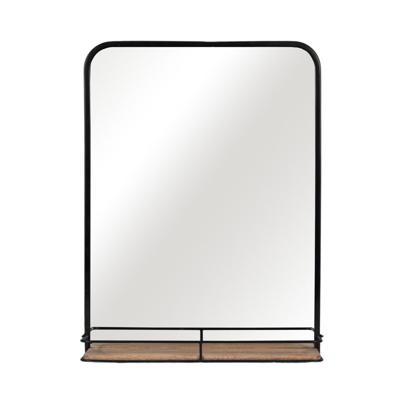 Jeramine Modern Industrial Wall Mirror with Shelf - Metal Frame and Rustic Wood Accent, 18" x 22"