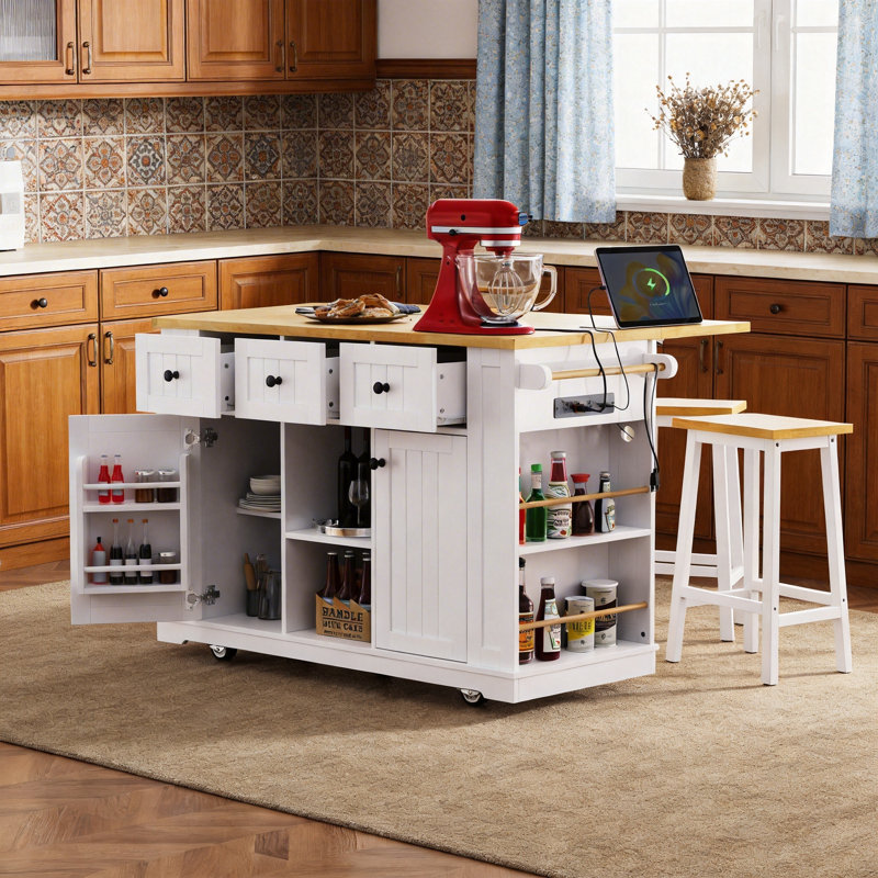 53" Kitchen Island with 2 Bar Stools & Power Outlet, Large Rolling Kitchen Cart with Drop Leaf, 3 Drawers, Internal Door Racks & Side Spice Shelves