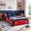 Lit Annjeanette pour enfant, en forme de voiture de course, avec roues lumineuses DEL, tête de lit rouge en forme de voiture et cadre de lit en bois.-827847724