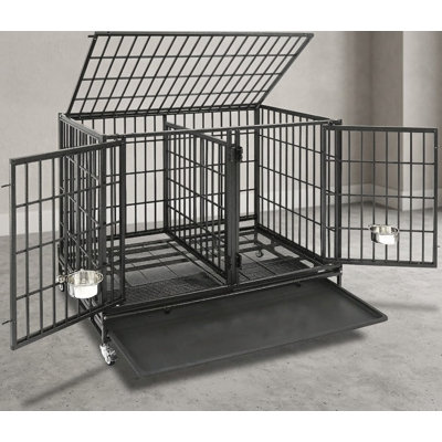 Extra-Tall 43-Inch Reinforced Double Dog Crate System with Divider, Two Front Doors, Top Opening, Locking Casters, Feeding Bowls, and Pull-Out Tray for Small, Medium, and Large Breeds, Breeders