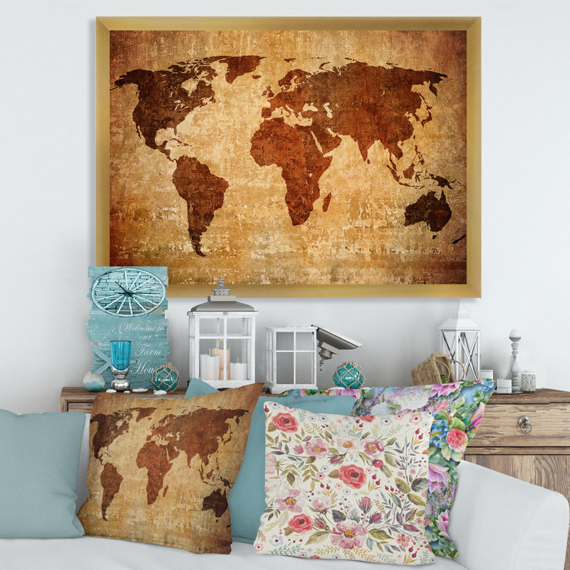 Ancienne carte du monde, impression sur toile encadrée, H 16 po x l 32 po x p 1 po, Or