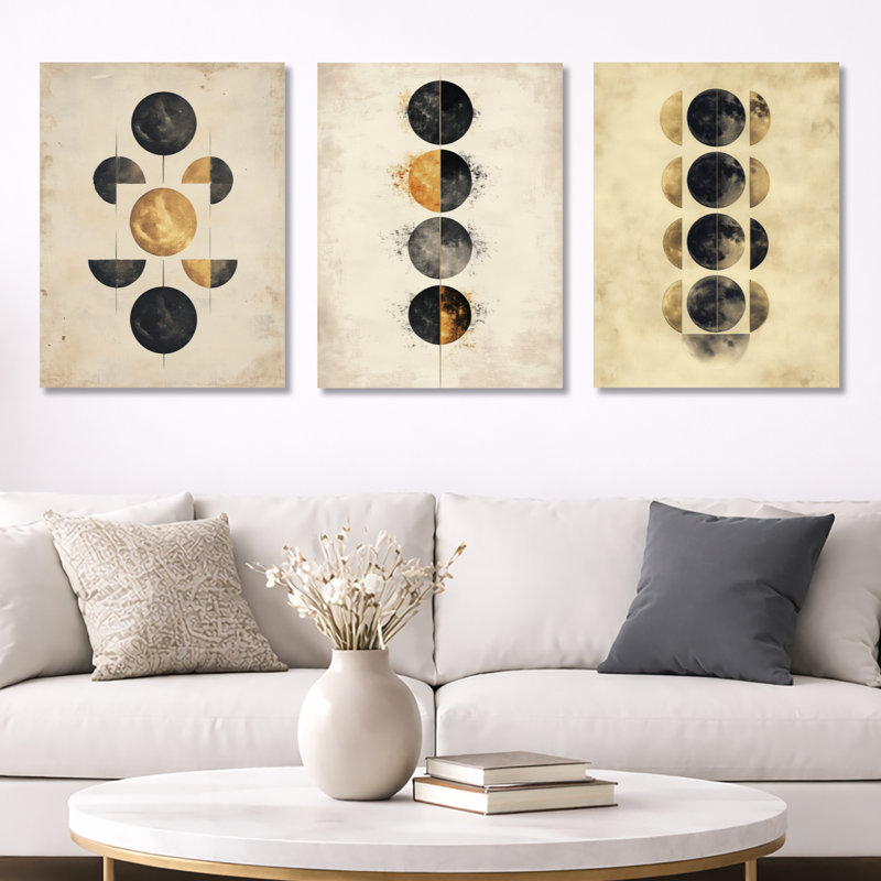 «Lunar Phases Abstract - Moon», ensemble de 3 reproductions d'art sur toile, Toile tendue, H 32 po x l 72 po