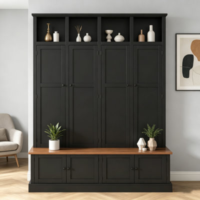 76.7''H 4-In-1 Modern Farmhouse Hall Tree With Bench & Cabinet, Entryway Storage Organizer With Open Cubbies & Hooks For Entryway/Hallway/Living Room