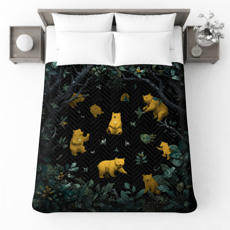 Couvre-lit matelassé jaune Bears In Forest, Full / Double