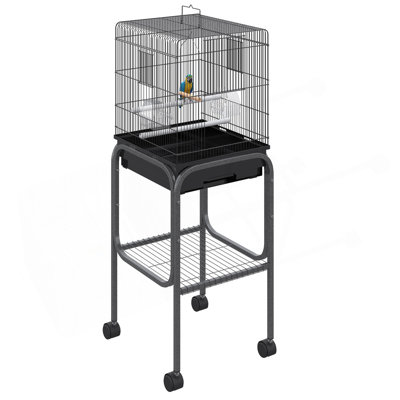 Pawhut 45-Inch Metal Indoor Bird Cage, Parrot Cage, Bird Aviary With Detachable Rolling Stand, Storage Basket, And Accessories - Black