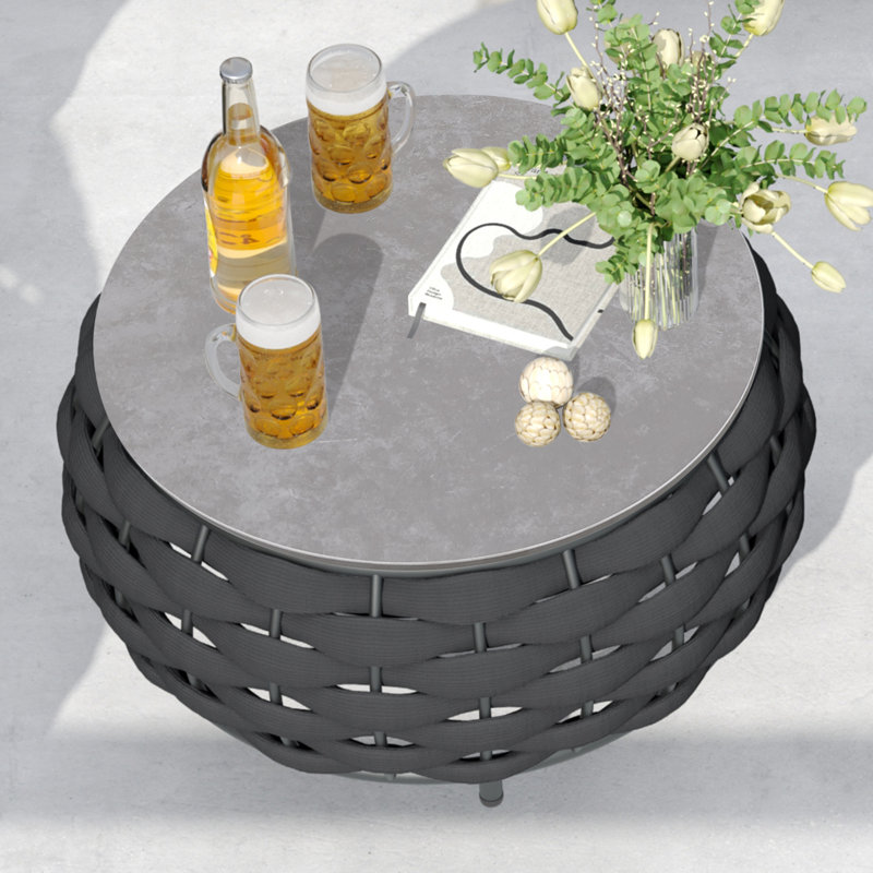 Round Outdoor Coffee Table With Marble Pattern Sintered Stone Tabletop, Dark Grey