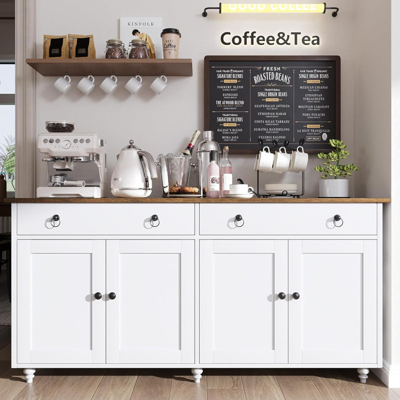 55" Modern Farmhouse Sideboard Buffet Cabinet , Coffee Bar Cabinets, with 2 Drawers and 4 Doors, White