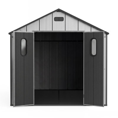 Abri de jardin spacieux de 2,4 x 3,7 m en résine avec rangement, structure en acier, solution de rangement moderne pour votre cour arrière.