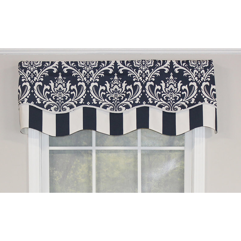 Cotton Blend Damask Scalloped Window Valance, Navy