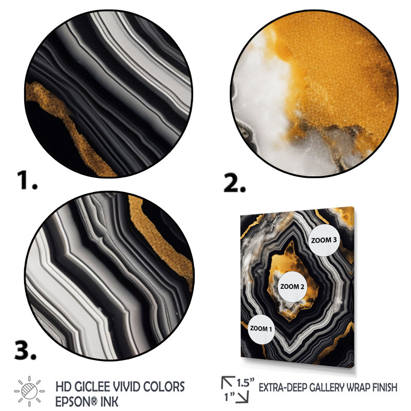 Glam Serenity, agate dorée noire sur toile, H 40 po x l 30 po x P 1,5 po, Toile tendue