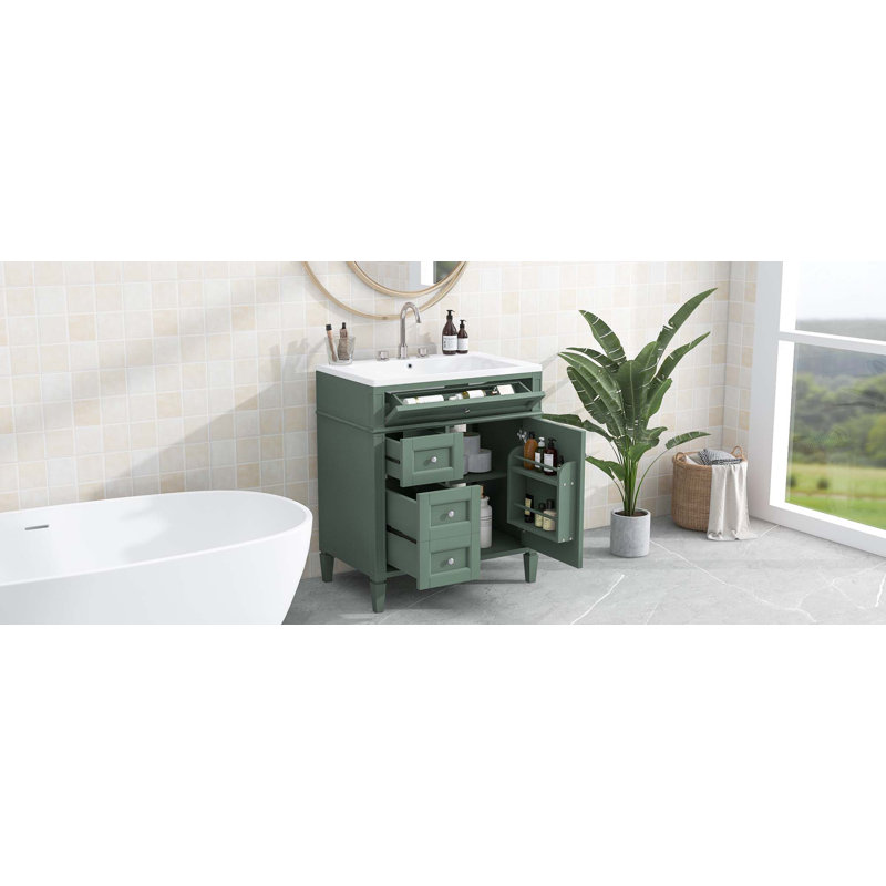 Modern Bathroom Vanity With Top Sink, 2 Drawers And A Tip-Out Drawer, Green