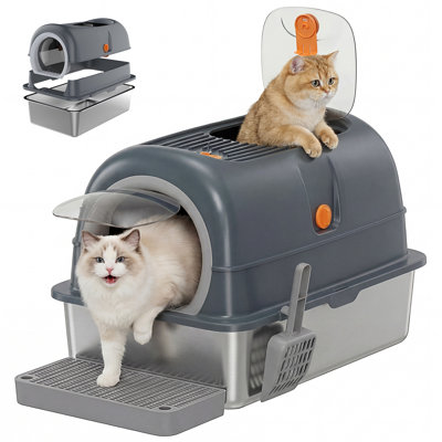 Stainless Steel Litter Box with Lid, Extra Large Enclosed Cat Box with Dual Entry, Removable Cover, Litter Scoop, Filter Mat, Carbon Pack for Odor Control