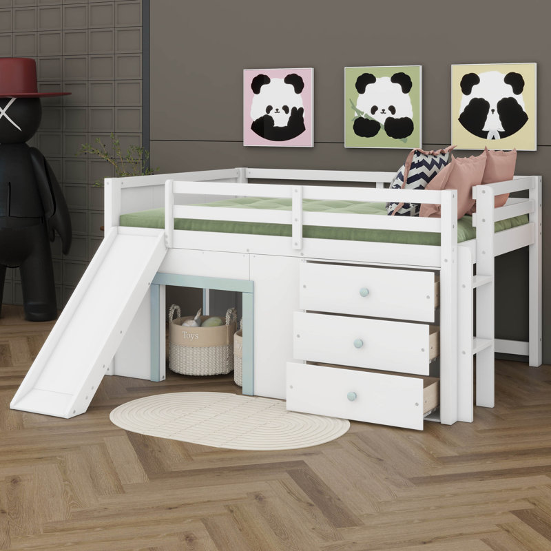 Lit mezzanine double pleine grandeur pour enfants, lit mezzanine double en bois moderne avec rangement coulissant et tiroir, aucun sommier nécessaire