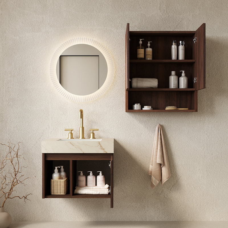Ensemble de meuble-lavabo mural EIDEN 24 + TOBI 26, meuble-lavabo mural flottant pour salle de bain, plateau en pierre frittée crème doré, lavabos en céramique, 3 trous de robinet pré-percés, robinet et drain exclus, couleur grain de bois noyer