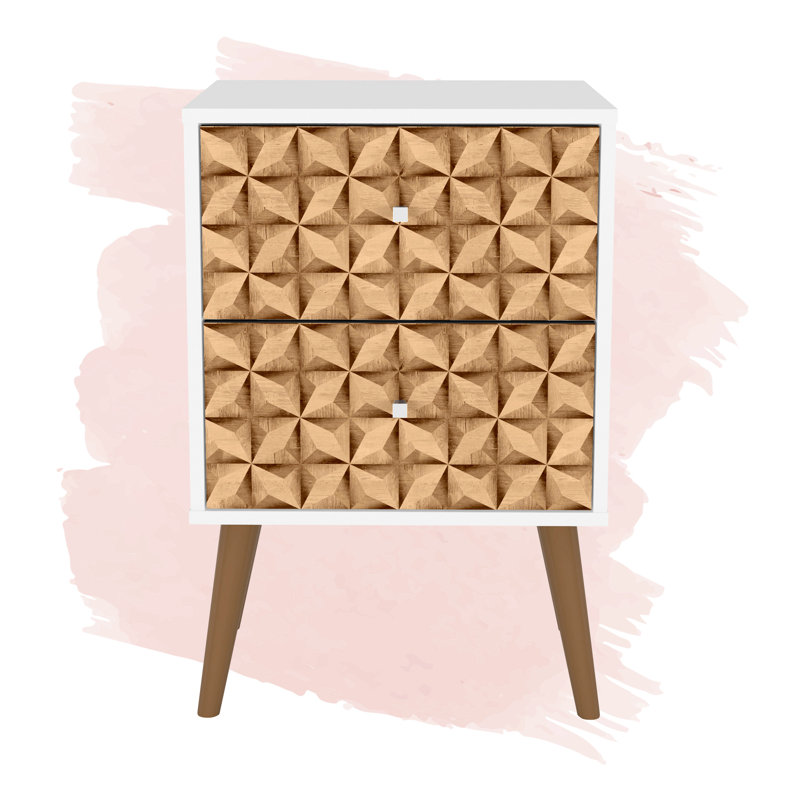 Table de chevet moderne à 2 tiroirs Liberty, White/3D Brown Print