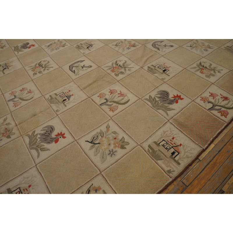 Grand tapis crocheté antique en laine ivoire
