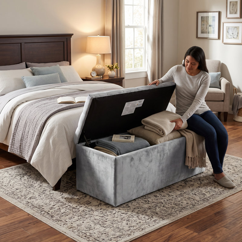 Hamman Upholstered Velvet Storage Standard, 18.5" H x 42" W x 18.5" D, Silver Gray