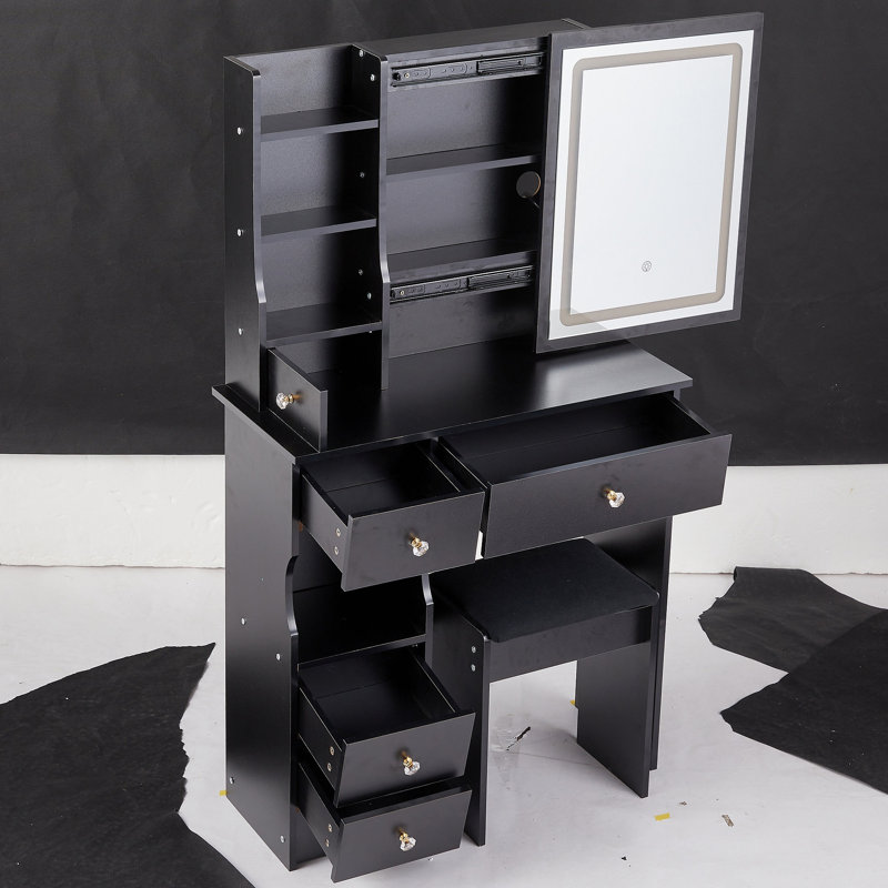 29.2" Small Size Left Drawer Desktop Vanity Table + Cushioned Stool, Large Sliding, Touch Control, Tri-color Switching, Brightness Adjust LED Mirror, High Capacity Storage, Suitable for Small Space