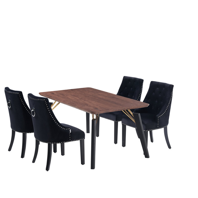 Paulus 4 Person Dining set - a Rectangular Extendable Dining Table with Metal Legs and a Set of 4 Quilted Ring Knocker Velvet Dining Chairs for Dining Room - Modern Dining Table Set