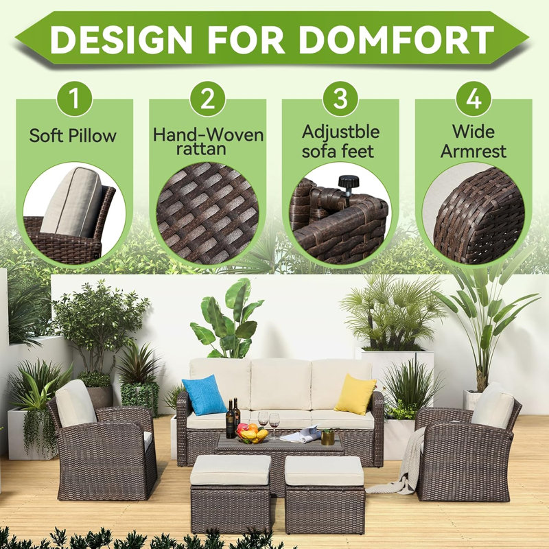 Ensemble de conversation pour canapé modulaire en osier de 6 pièces avec table et repose-pieds pour le jardin, la piscine et la cour