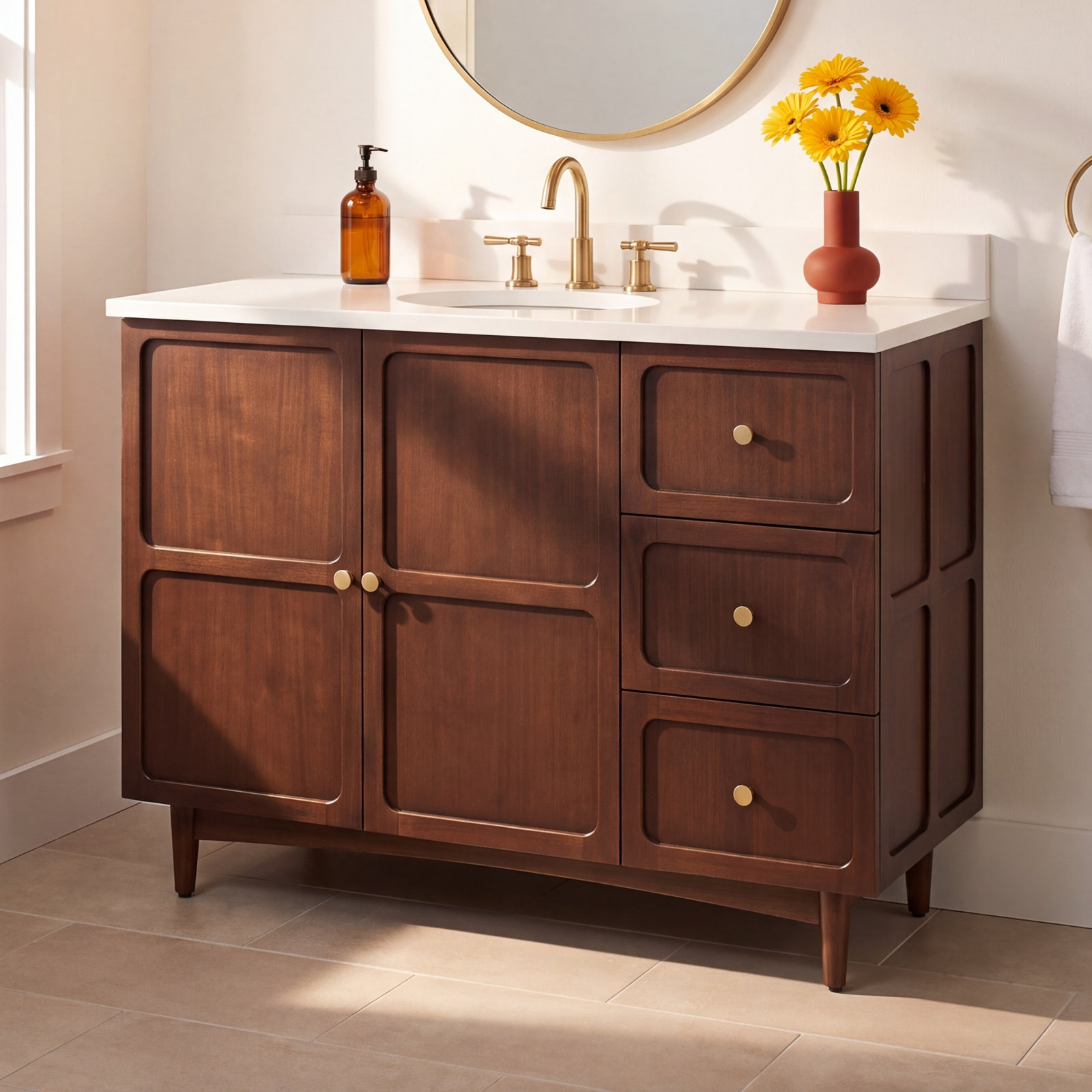 Delavan 48" Mahogany Single Bathroom Vanity, Arctic White Quartz