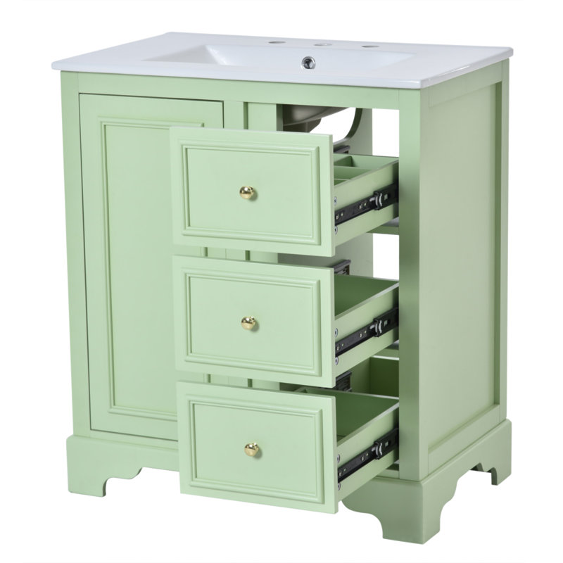 Meuble-lavabo de 30 pouces avec lavabo en céramique, 3 tiroirs et tablettes réglables pour un rangement optimal, Vert