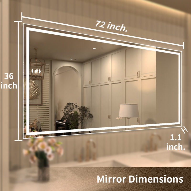 Ridlee 72 In. W X 36 In. H LED Light Anti-Fog Frameless Bathroom / Vanity Mirror, 36" x 72"
