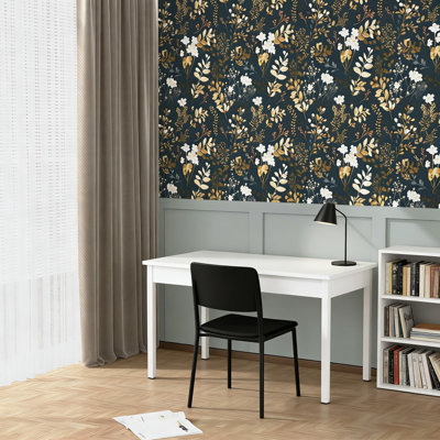 Papier peint adhésif auto-adhésif pour les armoires à motif floral Boho avec feuille d'or, imperméable et amovible pour la cuisine, la salle de bain, les murs et les meubles