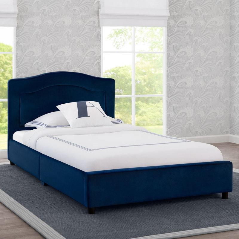 Navy Blue Velvet Upholstered Twin Platform Bed with Pine Frame