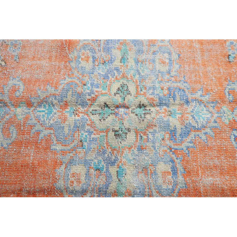 Tapis turc rétro fait à la main en motif médaillon orange pour décoration de maison bohémienne