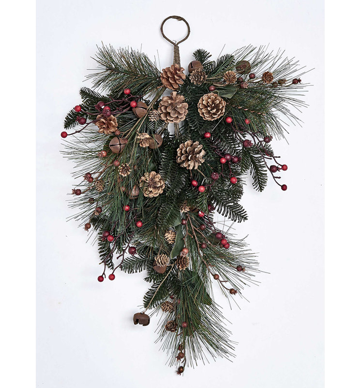 27" Artificial Pine Berry Cone Jingle Bell Christmas Teardrop Swag