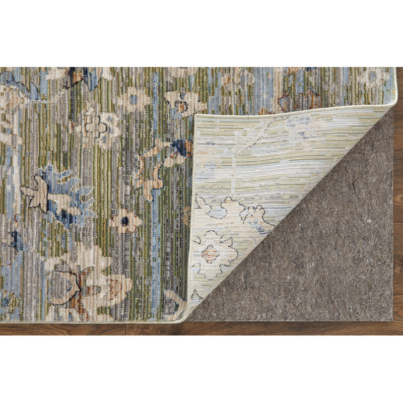 Ivory and Blue Floral Rectangular 5' x 7' Viscose Rug