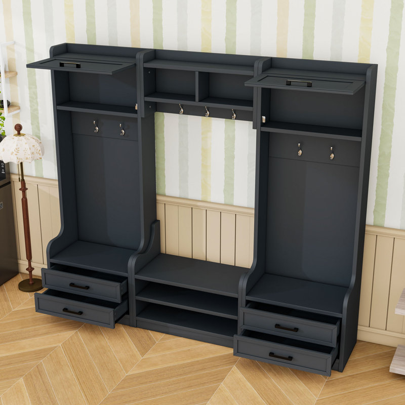 4-in-1 Hall Tree with Drawers, Cabinet, Bench and 7 Hooks, Antique Blue