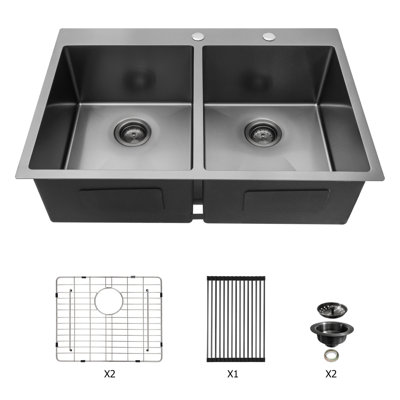 Évier de cuisine à double cuve à montage sur plan - Évier de cuisine noir à double cuve en acier inoxydable de calibre 16 avec 2 cuves profondes de 10 po x 22 po