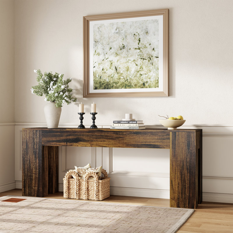 Farmhouse 80-Inch Long Sofa Console Table For Entryway Living Room Hallway Foyer Entrance, Wood Behind Couch Table With Wooden Double Base, Dark Brown
