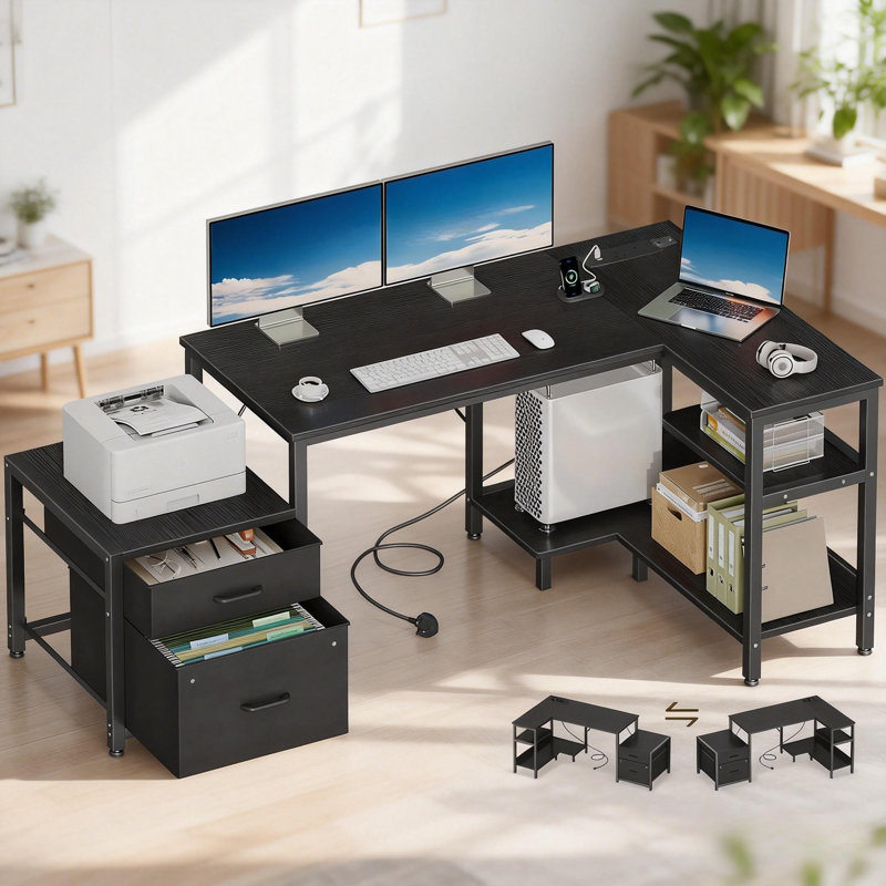 L-Shaped Metal Base Computer Desk with Power Outlet, 160