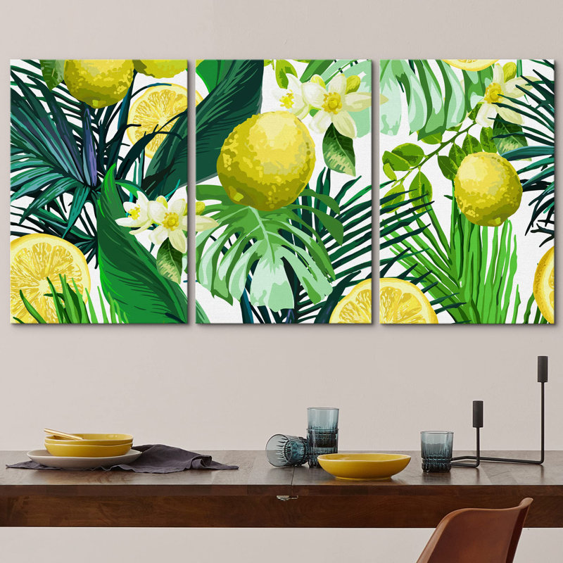 Motif sans soudure de vecteurs de citron, de fleurs et de feuilles tropicales sur fond blanc, Toile tendue, H 24 po x l 48 po