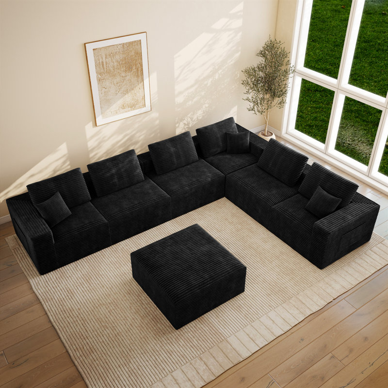 Abdou 141.7" Boneless U-Shaped Compression Sectional Sofa, Corduroy Cloud Couch, Black