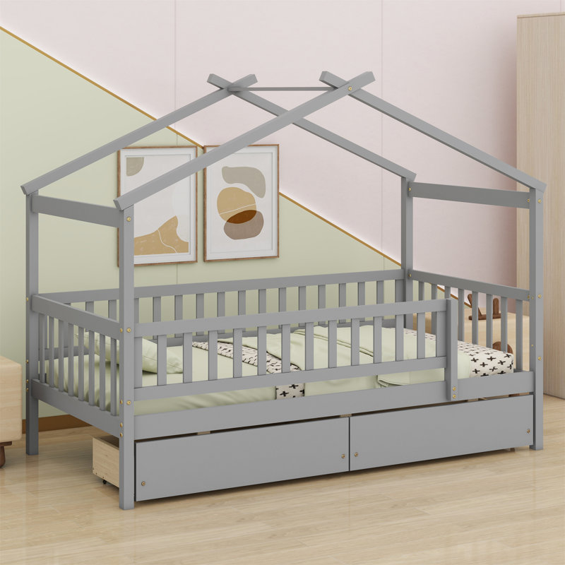 Lit en bois avec deux tiroirs, Grey
