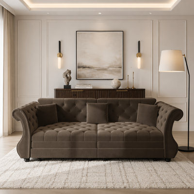 Oversized Chesterfield Pull Out Sofa Bed, Classic Roll Arm Velvet Couch with Flower Tufting