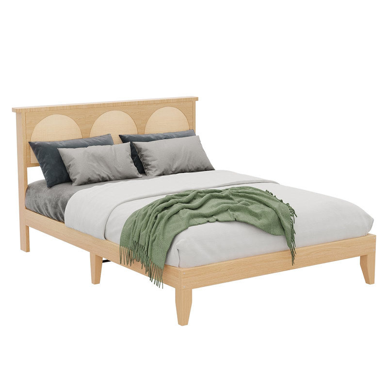 Grand lit plateforme en rotin avec lumières DEL, sans sommier, cadre en bois bohème, Grand lit