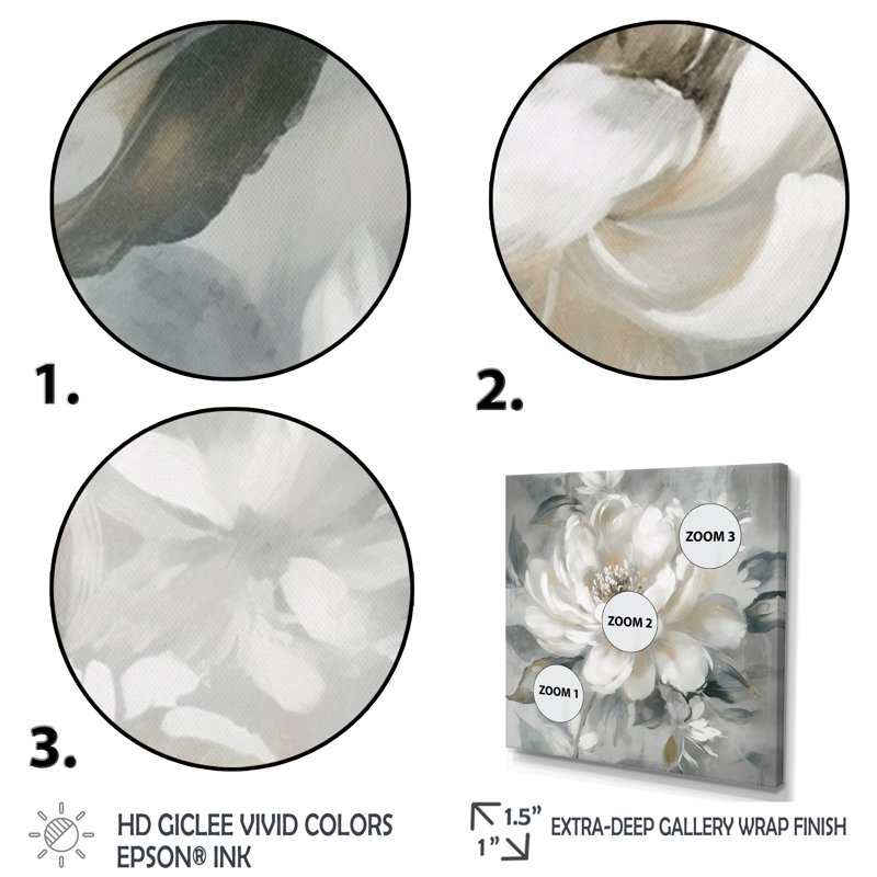 White Grey Peony Blooms In Motion I - Canvas Art Print, 36" H x 36" W, Wrapped Canvas, No Frame